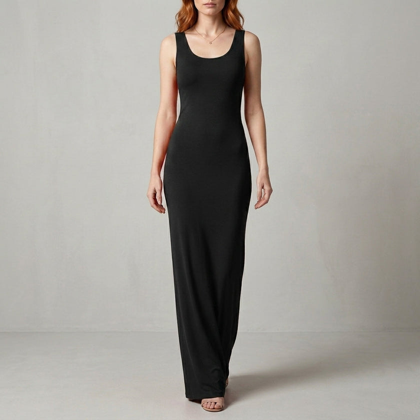 Black FJØRNA elegant maxi dress for women with scoop neck and sleeveless design, flowing and stylish for formal occasions.