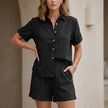 Black FJØRNA women's two-piece co-ord set with button front top and matching lightweight pants, stylish and comfortable for casual wear.