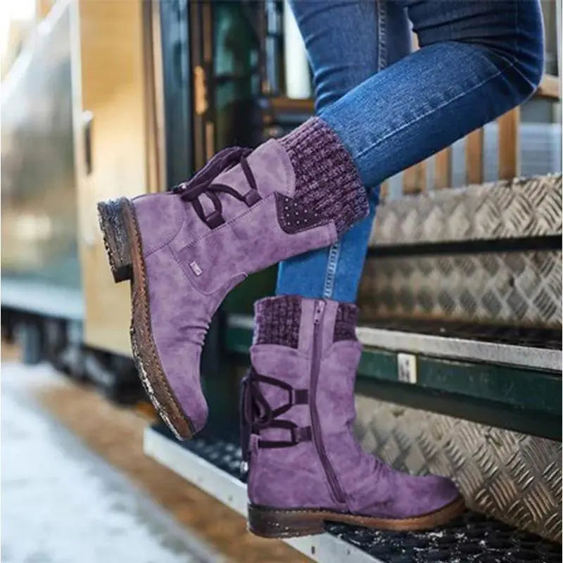 Hillevi | Women's Knit-Cuff Low-Heel Warm Winter Boots