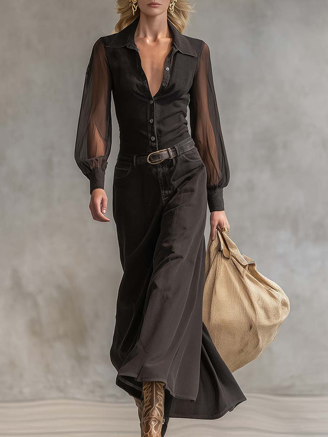 Black denim V-neck maxi dress by FJØRNA, casual style with flowing silhouette and sleeveless design, perfect for everyday wear.