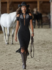 Black faux suede floral midi dress by FJØRNA, featuring a casual silhouette with a floral print and midi length.