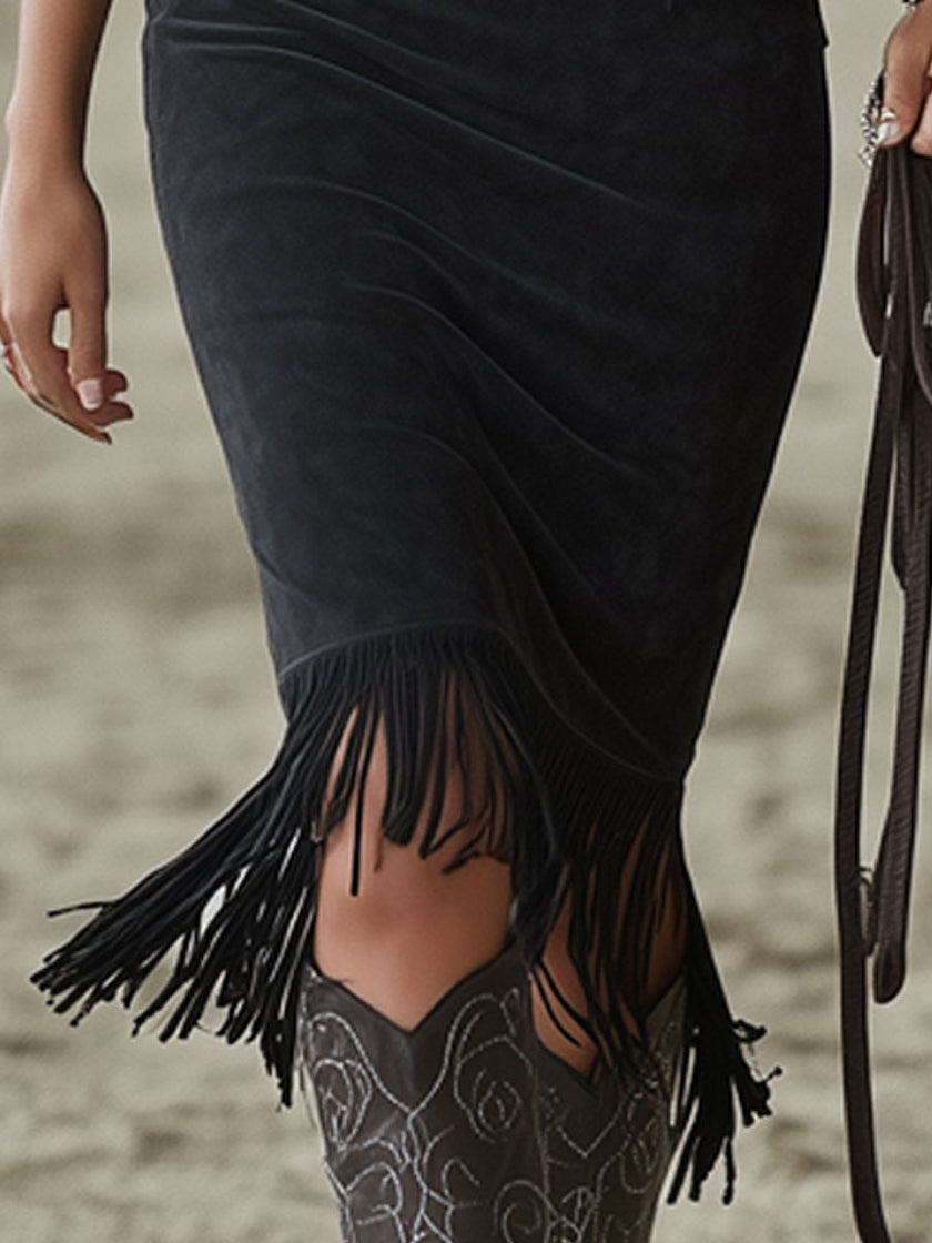 Black faux suede floral midi dress by FJØRNA, featuring a casual style with a fitted bodice and floral pattern.