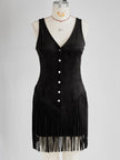 Black faux suede V-neck mini dress by FJØRNA, showing a casual dress with long sleeves and a fitted silhouette.
