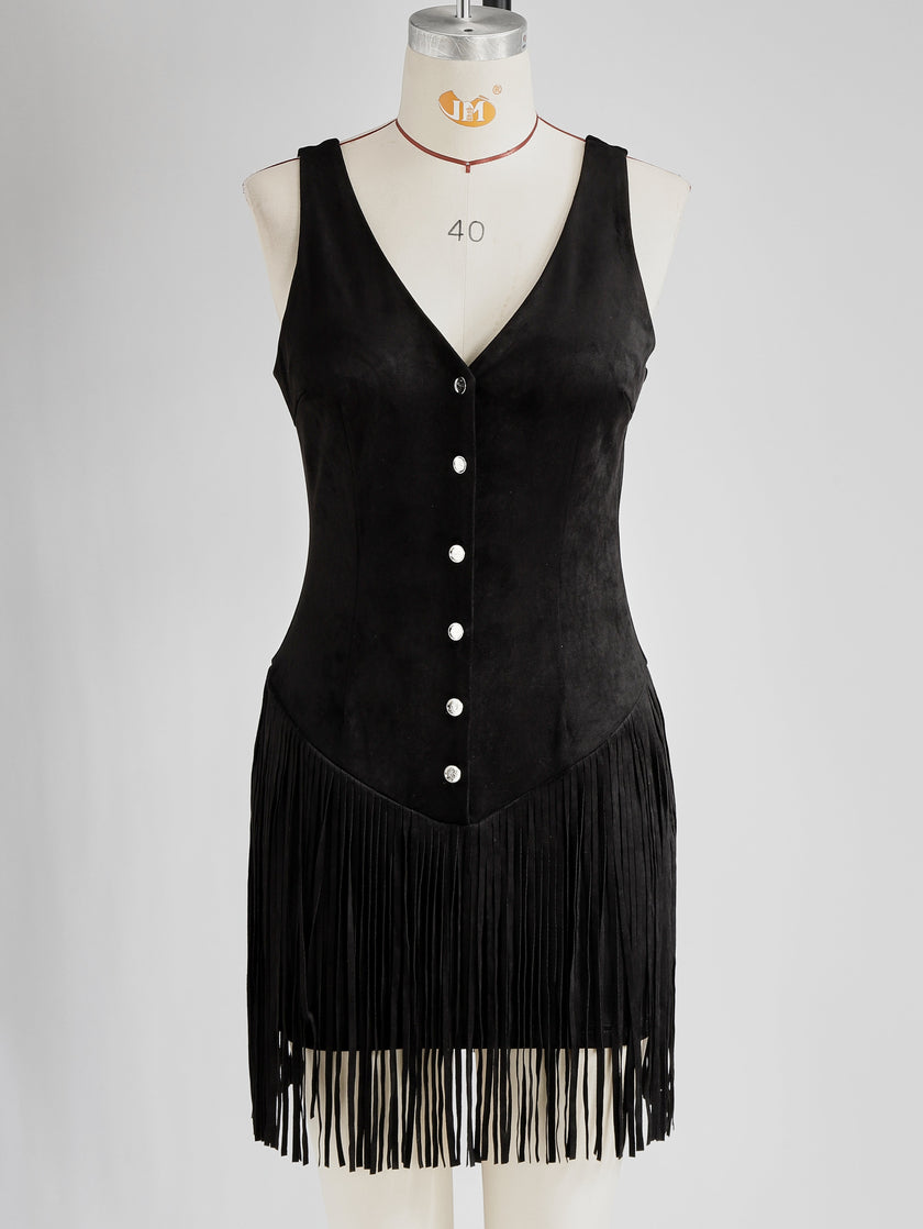 Black faux suede V-neck mini dress by FJØRNA, showing a casual dress with long sleeves and a fitted silhouette.