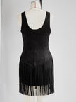 Black faux suede V-neck mini dress by FJØRNA, casual dress with long sleeves and fitted silhouette, styled for everyday wear.