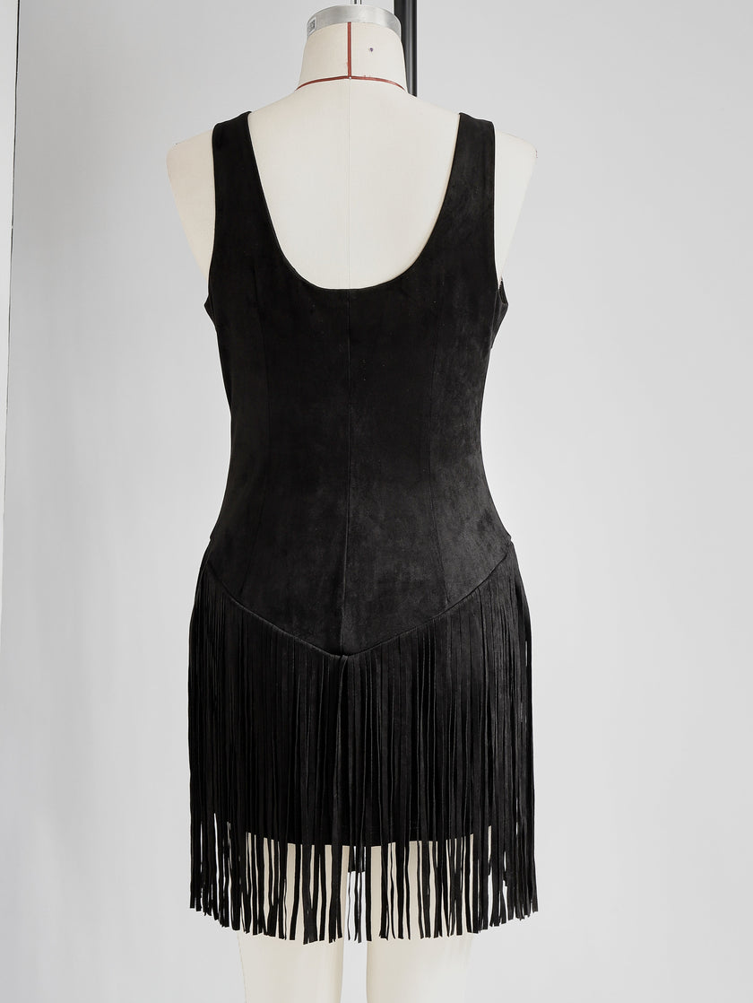 Black faux suede V-neck mini dress by FJØRNA, casual dress with long sleeves and fitted silhouette, styled for everyday wear.