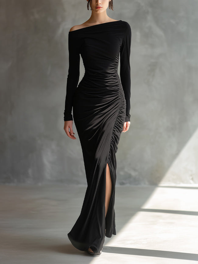 FJØRNA black jersey ruched maxi dress, elegant evening dress with a fitted silhouette and gathered fabric detail.