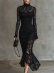 Black lace fishtail maxi dress by FJØRNA, elegant evening dress with intricate lace details and a fitted silhouette.