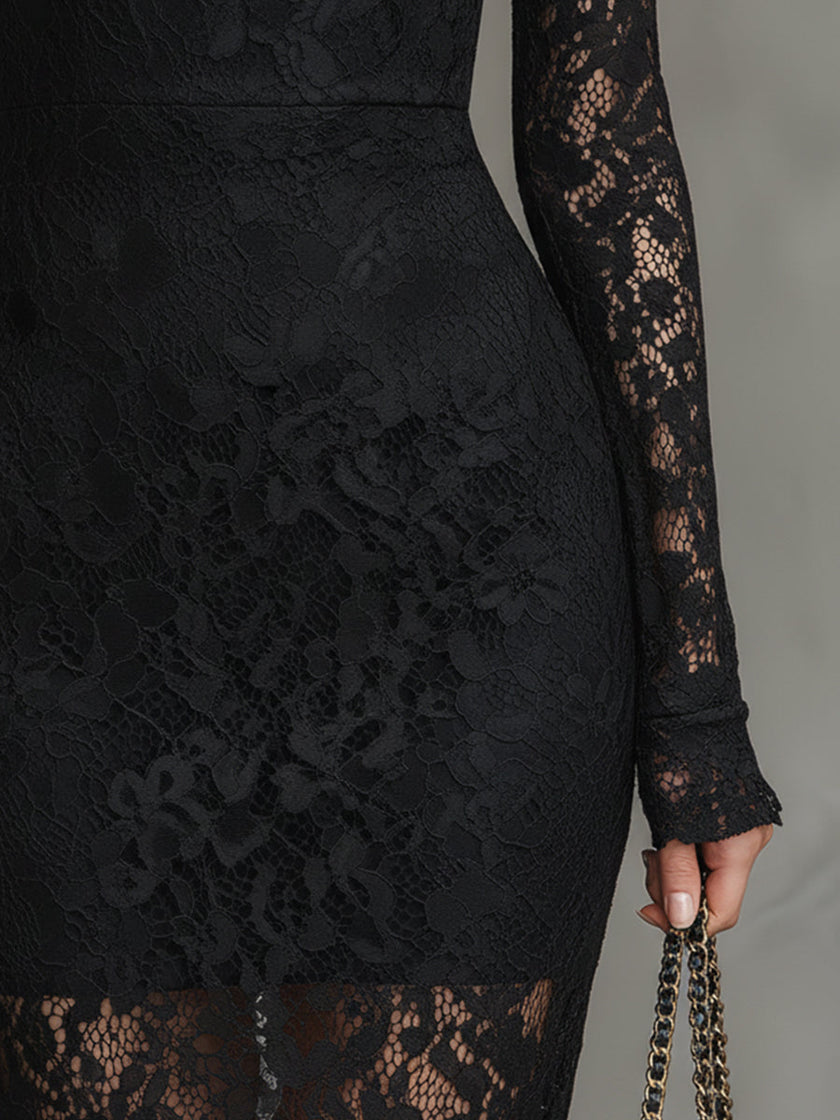 Black lace fishtail maxi dress by FJØRNA, elegant evening dress with intricate lace details and a fitted, flowing silhouette.