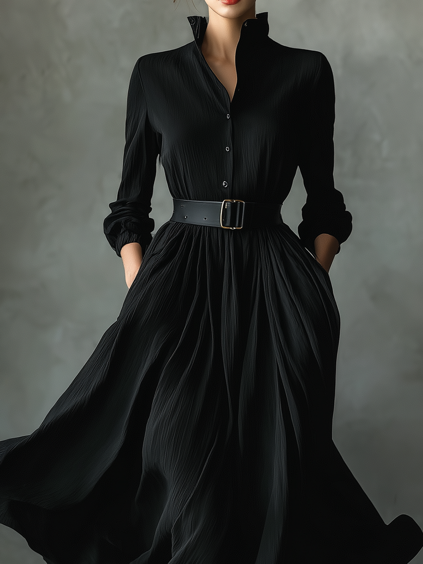 Black pleated maxi dress for women by FJØRNA featuring flowing fabric and a flattering silhouette.