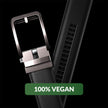 Black vegan leather ratchet belt by FJØRNA, adjustable unisex belt with sleek design and secure buckle for versatile style.