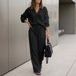 Black women's summer two-piece co-ord set by FJØRNA featuring a relaxed fit and drawstring details.