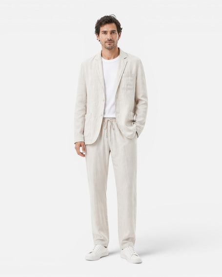 FJØRNA men's linen suit set featuring a lightweight blazer and trousers, breathable summer classic fit for warm weather.