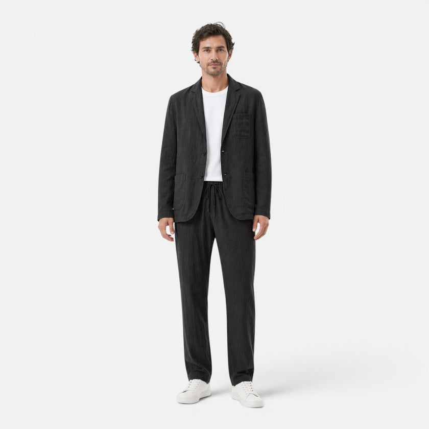 Men's lightweight linen suit set by FJØRNA, includes blazer and trousers, breathable summer classic fit for men.