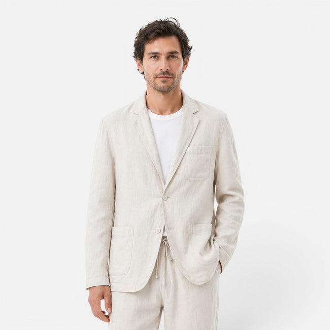 FJØRNA men's linen suit set with blazer and trousers, lightweight and breathable for summer, classic fit for casual or formal wear.