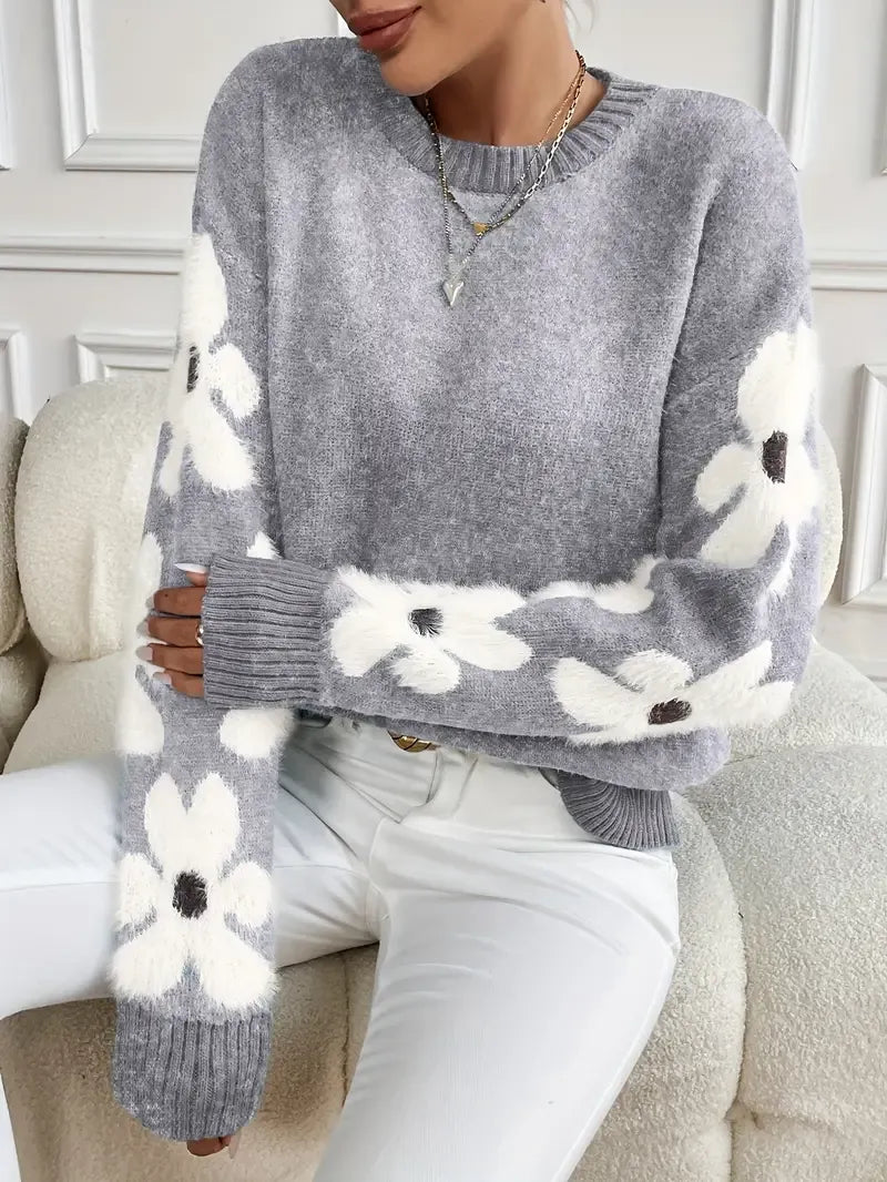 Soft Knit Sweater Women Floral Sleeve Relaxed Fit