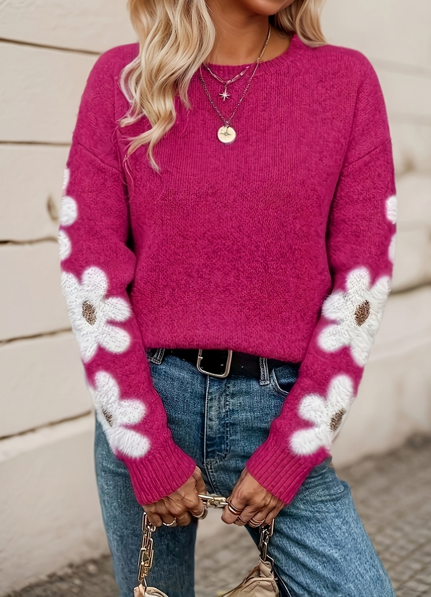 Soft Knit Sweater Women Floral Sleeve Relaxed Fit