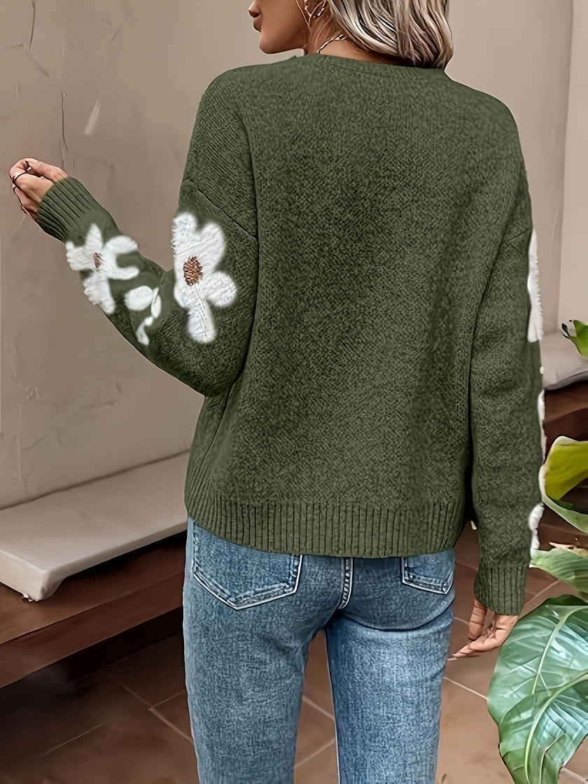 Soft Knit Sweater Women Floral Sleeve Relaxed Fit