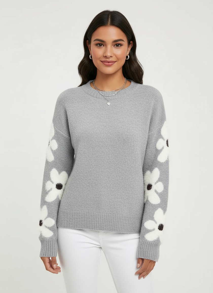 Soft Knit Sweater Women Floral Sleeve Relaxed Fit