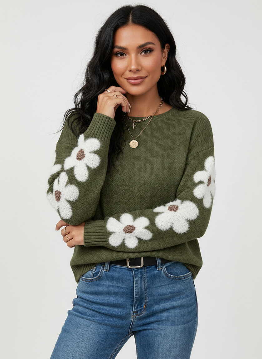 Soft Knit Sweater Women Floral Sleeve Relaxed Fit