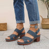 Blue FJØRNA orthopedic criss-cross slingback platform sandals with block heels for women, featuring a stylish design and supportive straps.