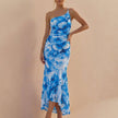 Blue one-shoulder FJØRNA elegant maxi dress for women, bodycon fit, stylish evening or formal wear.