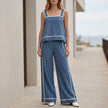 Blue FJØRNA women's summer two-piece striped co-ord set with wide-leg pants, casual and stylish for warm weather.