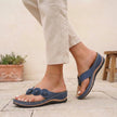 Blue FJØRNA orthopedic floral applique wedge thong sandals for women with decorative floral details and comfortable design.