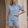 Blue FJØRNA women's two-piece co-ord set with button front top and matching lightweight pants, stylish and comfortable for casual wear.
