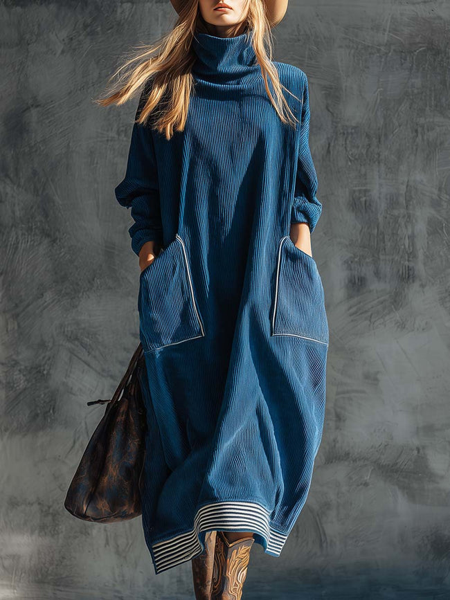 Blue corduroy midi dress by FJØRNA featuring a casual, relaxed fit with long sleeves and a round neckline.