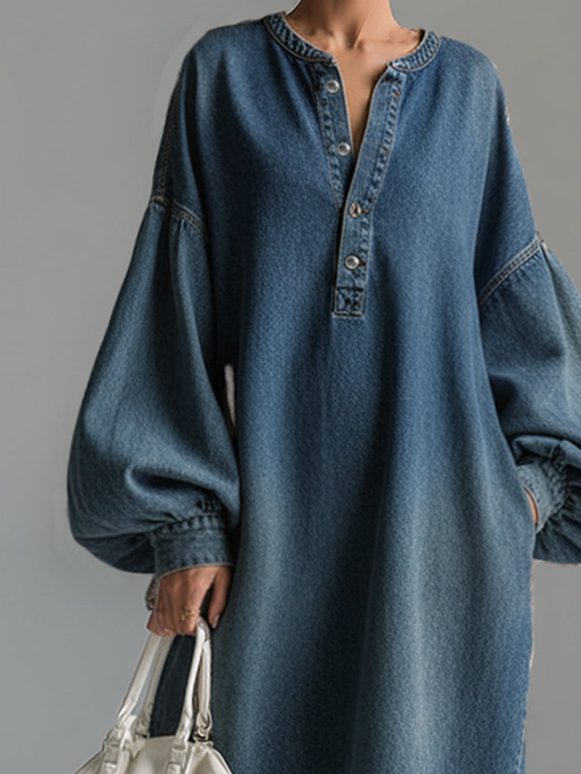 Blue denim maxi dress by FJØRNA, flowing evening dress with a relaxed fit and stylish design, perfect for casual or semi-formal occasions.