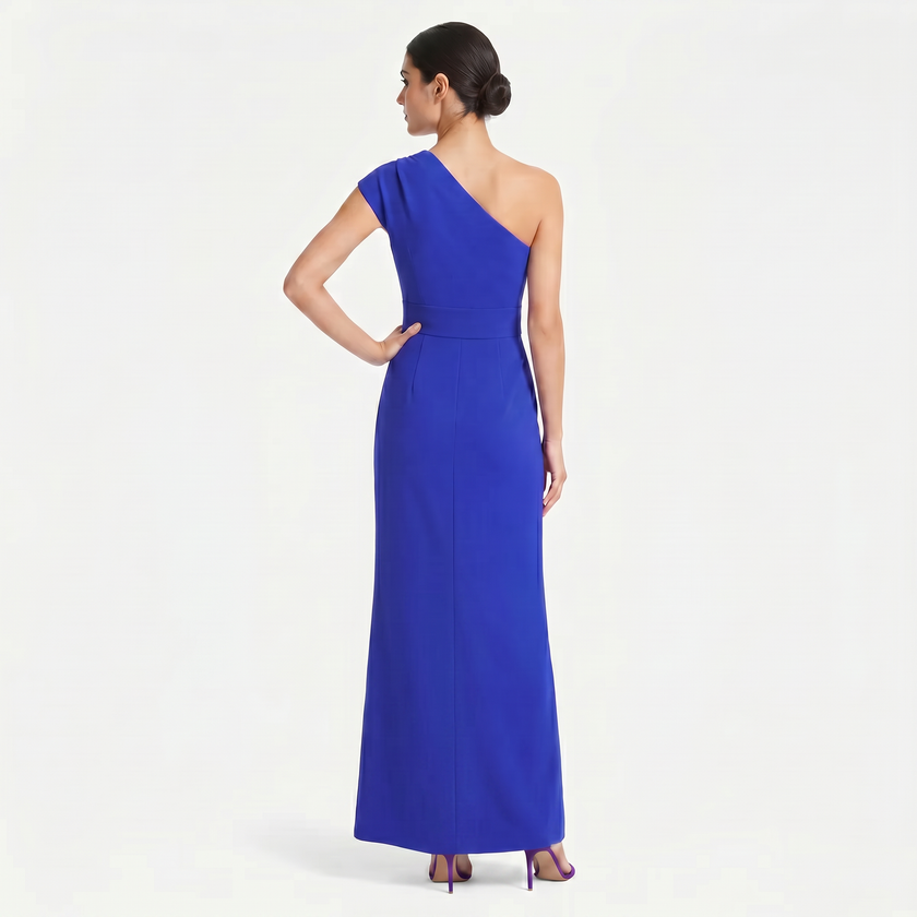 Blue women's one-shoulder maxi evening dress by FJØRNA with an asymmetric neckline, shown from the back without a slit.