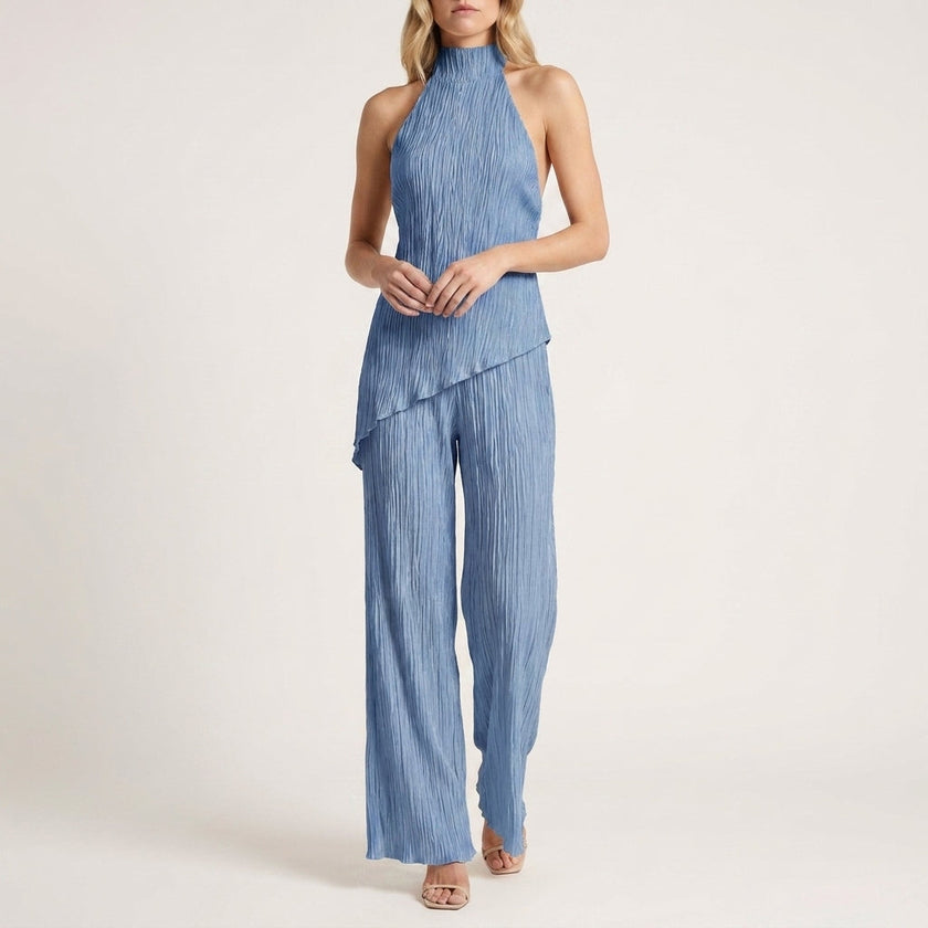 FJØRNA elegant two-piece women's co-ord set with pleated halter neck in blue, featuring a stylish sleeveless top and matching skirt.