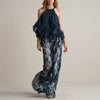 Blue FJØRNA women's two-piece print wide leg co-ord set with halter neck, featuring an elegant, stylish design.