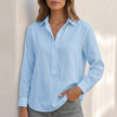 FJØRNA linen V-neck popover shirt for women, relaxed fit, white blouse, with long sleeves and lightweight fabric.