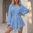 Blue women's summer two-piece ruffle co-ord set by FJØRNA, relaxed matching outfit for warm weather and casual wear.