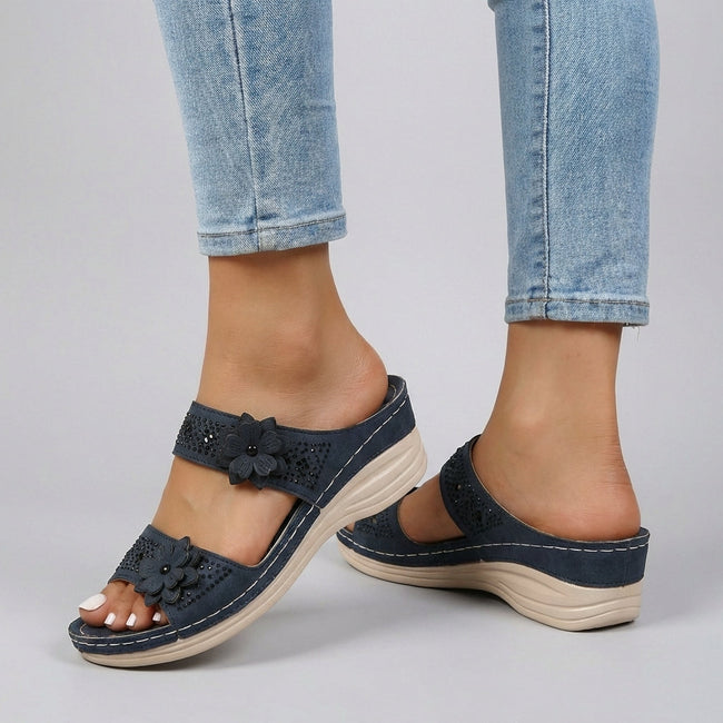 Blue FJØRNA women's orthopedic heeled wedge sandals with adjustable straps, stylish and supportive footwear for women.