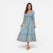 Women's floral midi dress for summer, casual style by FJØRNA, featuring a vibrant print and flowing fabric.