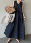 FJØRNA bohemian navy V-neck cold shoulder sleeveless cotton denim dress, casual style perfect for weddings and summer outings.