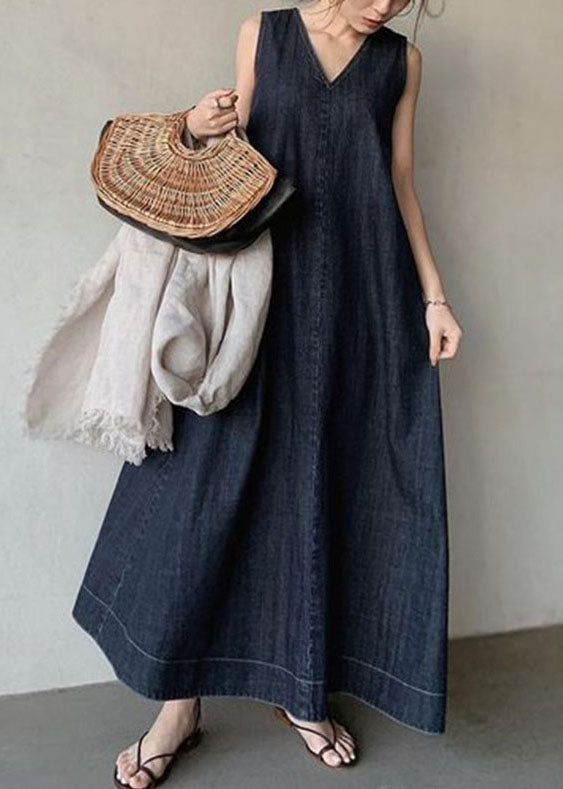 FJØRNA bohemian navy V-neck cold shoulder sleeveless cotton denim dress, casual style perfect for weddings and summer outings.