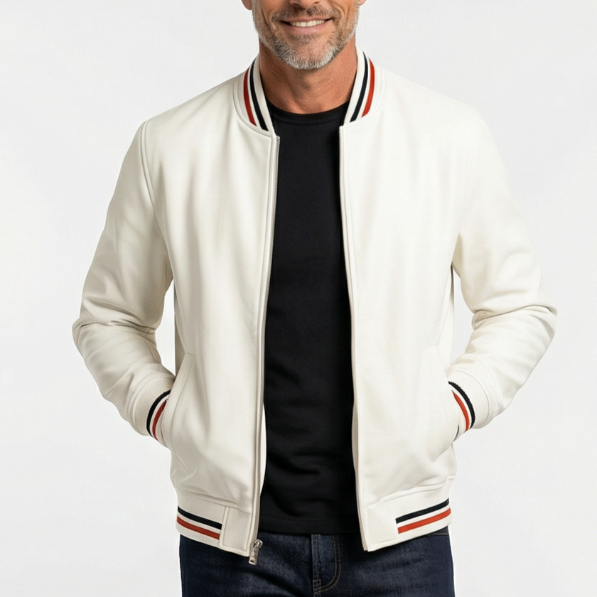 Bomber Jacket Men Striped Zip Ribbed Collar Regular Fit