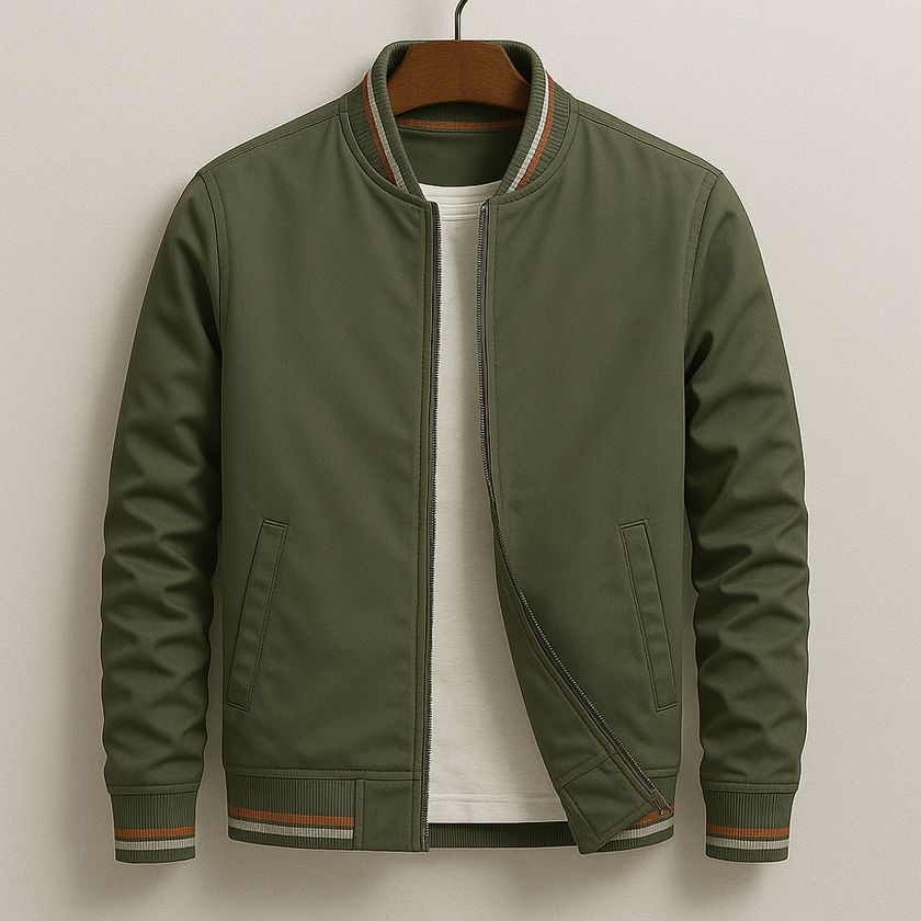 Bomber Jacket Men Striped Zip Ribbed Collar Regular Fit
