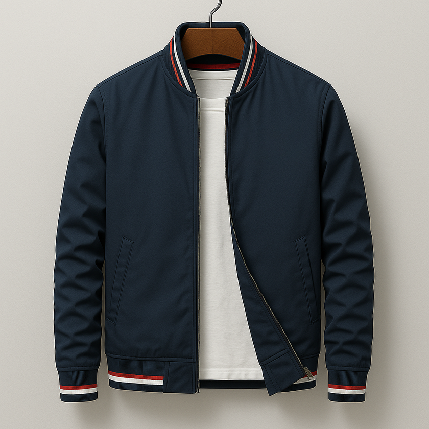 Bomber Jacket Men Striped Zip Ribbed Collar Regular Fit