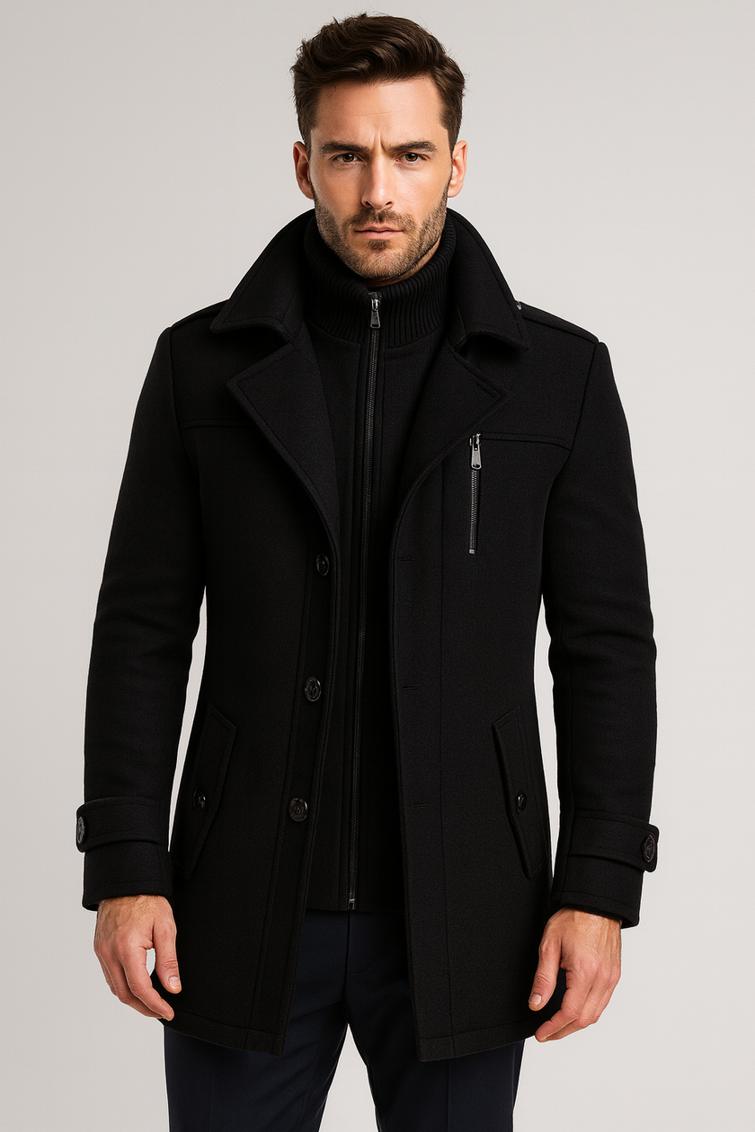 Wool Blend Coat Men Tailored Button Front Waist Length