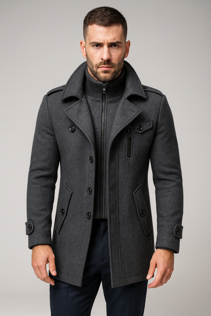 Wool Blend Coat Men Tailored Button Front Waist Length