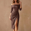 Brown off-shoulder bodycon knit midi dress for women by FJØRNA, featuring a stylish and elegant design suitable for various occasions.