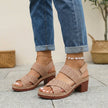 FJØRNA women's brown orthopedic criss-cross slingback platform sandals with block heels and open toe design.