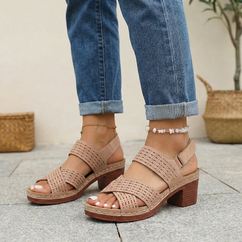 FJØRNA women's brown orthopedic criss-cross slingback platform sandals with block heels and open toe design.