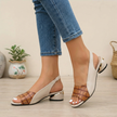 FJØRNA embossed peep toe color block slingback block heel sandals in brown with stylish design and open toe detail.