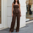 Brown FJØRNA two-piece women's co-ord set with wide-leg pants and matching top, casual chic outfit for stylish comfort.